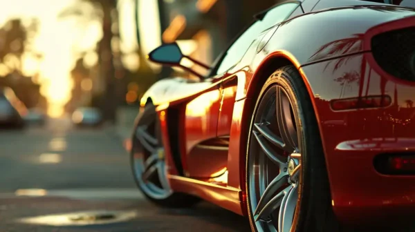 a high-end vehicle glistens under soft sunlight, showcasing a flawless layer of paint protection film that emphasizes its sleek contours and luxurious finish.