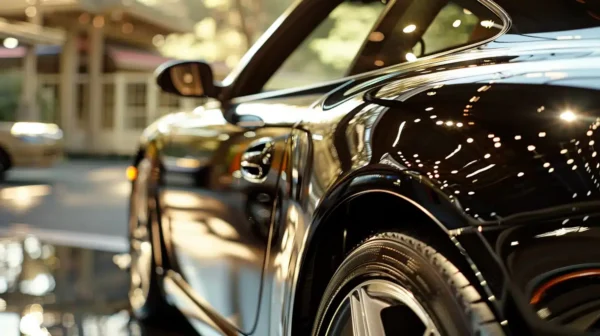 a sleek, high-end vehicle gleams under soft, natural light as a glossy paint protection film is meticulously applied, highlighting its luxurious curves and precision craftsmanship.
