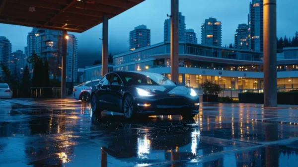a sleek high-end vehicle glistens under soft, artificial showroom lighting, showcasing its flawless paint protected by a translucent paint protection film, while a backdrop of modern urban architecture hints at vancouver's iconic rainy climate.