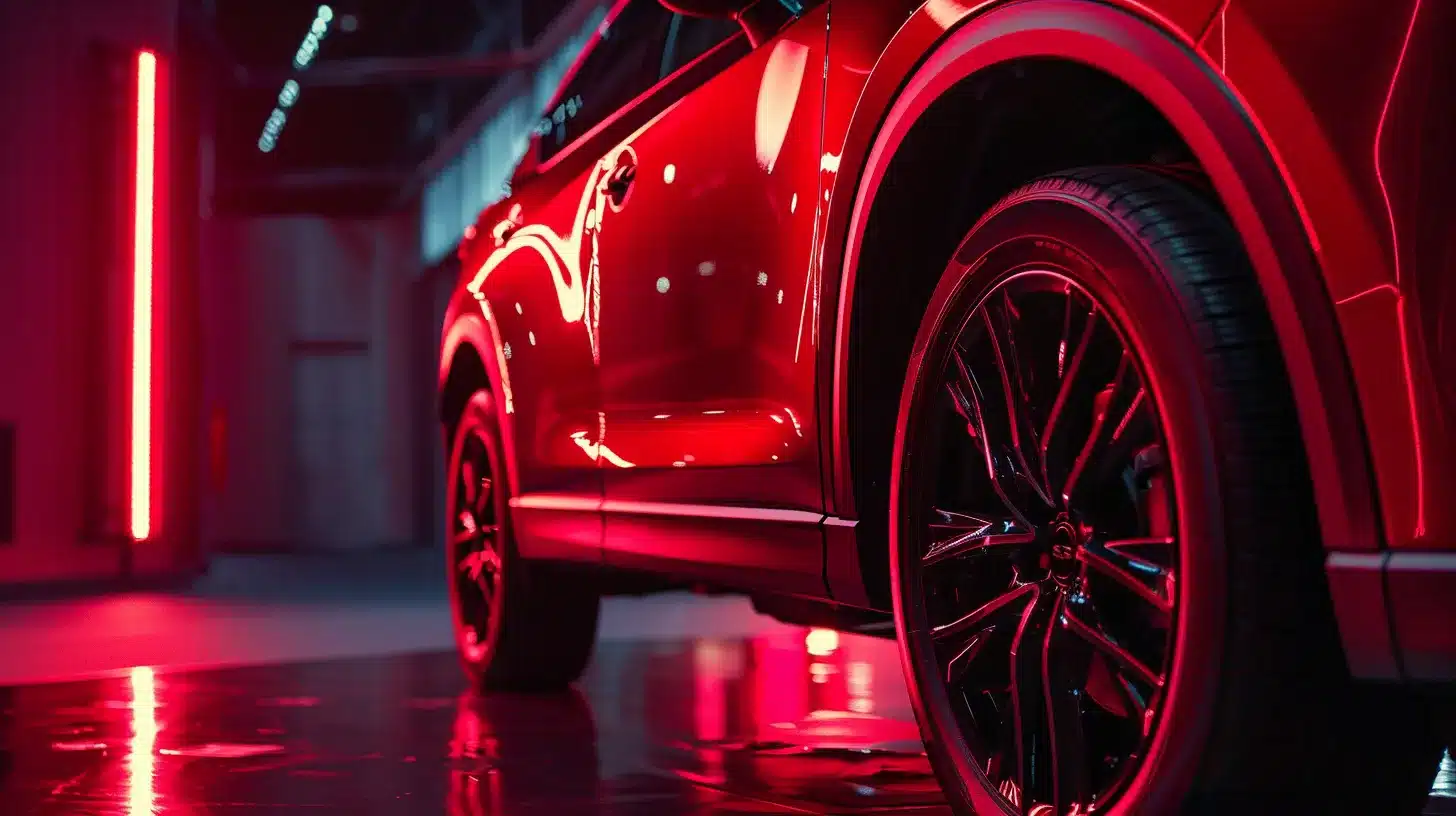 a high-end vehicle glistens under soft studio lighting, showcasing the seamless installation of a pristine paint protection film that highlights its sleek contours and impeccable finish.
