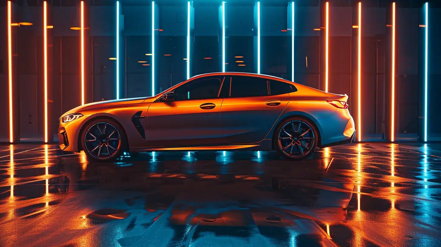 a sleek, high-end vehicle gleams under soft studio lighting, showcasing its flawless paint protection film, with a backdrop of ppf brand logos subtly illuminated to highlight top performance and innovation.